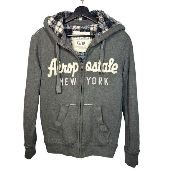 Vtg Aeropostale Y2k Thick Zip Up‎ Hoodie Size XS Spellout Logo Grey Sherpa Lined - Picture 1 of 15